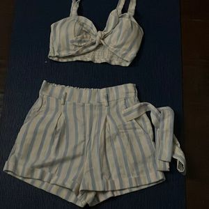 2 peice white and blue stripped body suit